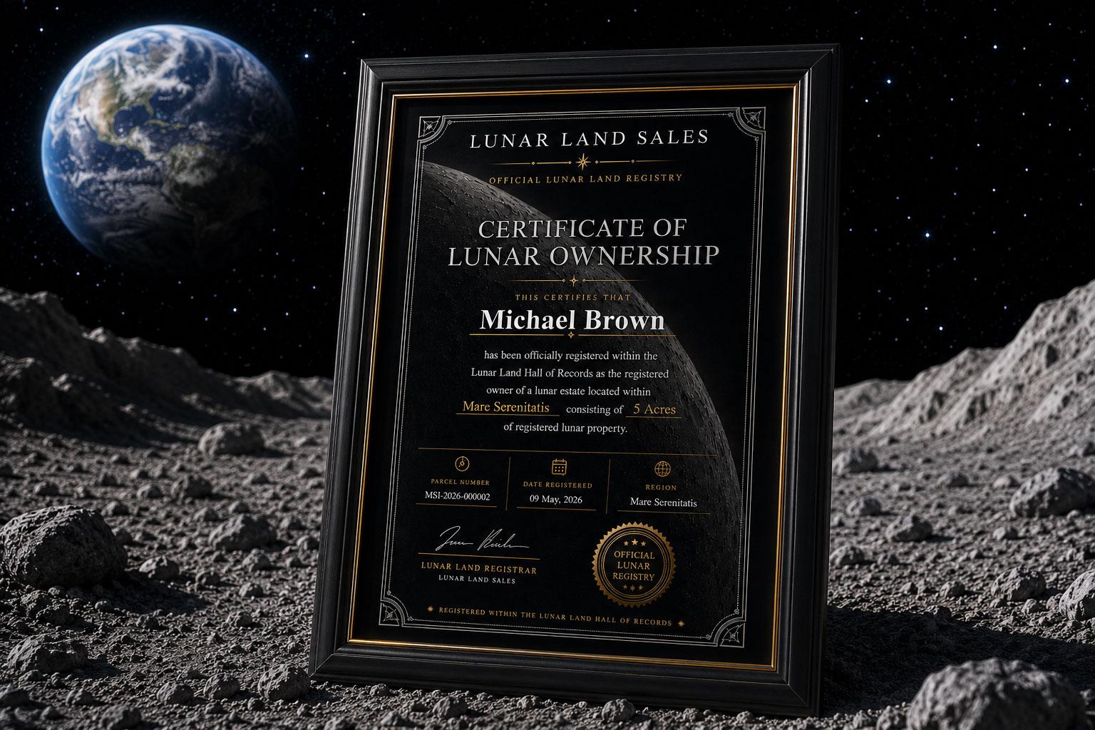 Luxury lunar land ownership certificate